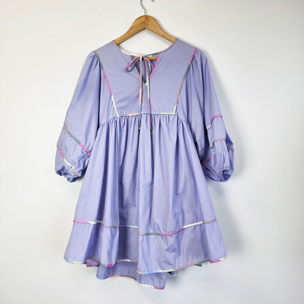Entro Lavender Babydoll Mini Dress Pastel Trim Keyhole Tie Sz S Coquette Kawaii - Picture 2 of 11